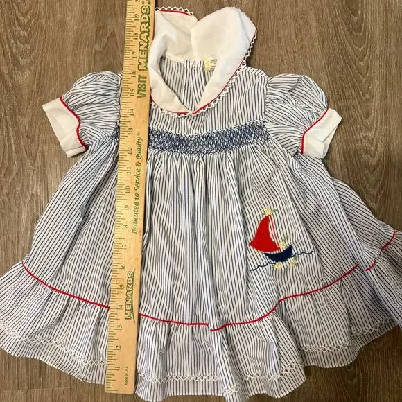 Smocked Sailboat Dress 2T Nautical Peter Pan Collar - Picture 8 of 9